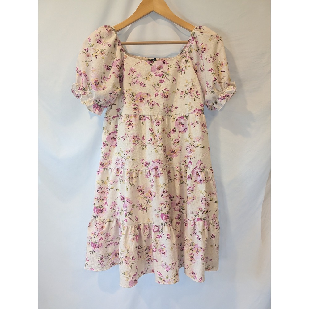 Lilt Girls Size 14 Floral Tiered Puff Sleeve Dress Smocked Back Pink Purple